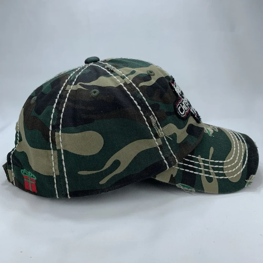 Merry Christmas Y'all! Santa Hat Ladies Camo Adjustable Distressed Baseball Cap